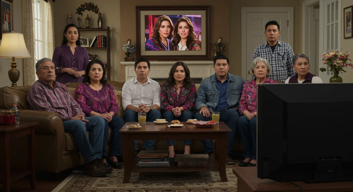 Familias mexicanas de diversas generaciones viendo atentamente una telenovela en la sala