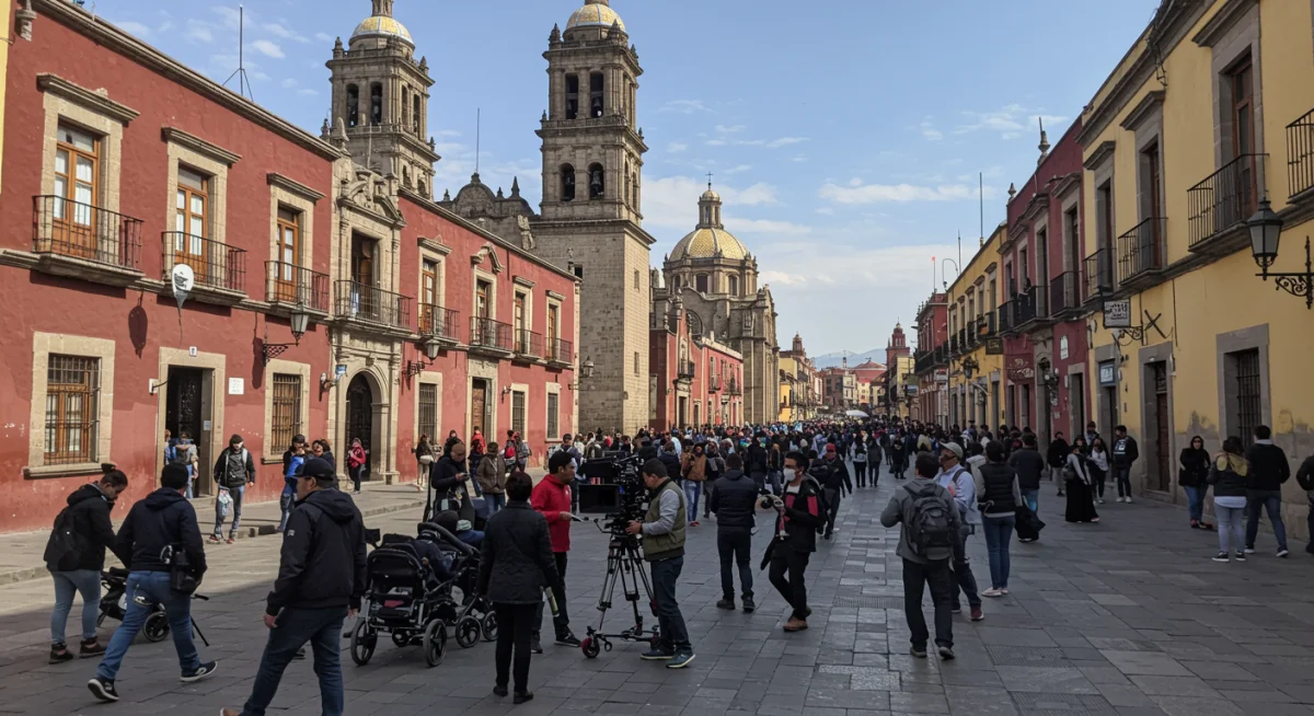 Equipo de filmación en el Centro Histórico de la Ciudad de México, mostrando la arquitectura colonial y la vida urbana.