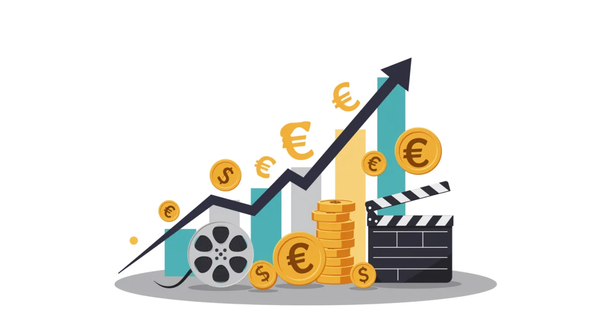 Gráfico financiero mostrando crecimiento e inversión en la industria cinematográfica, con flechas ascendentes y símbolos de dinero, ilustrando el impacto económico positivo.