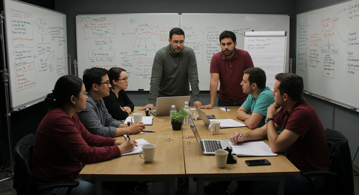 Equipo de guionistas mexicanos trabajando en la trama de una serie exitosa.