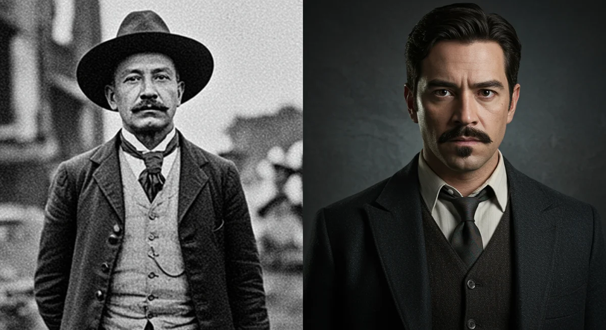 Comparación entre fotografía histórica y representación actoral de figura mexicana en serie.