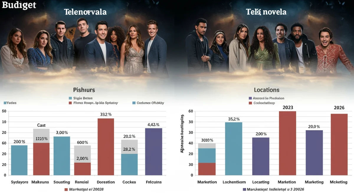Infografía comparativa de la asignación presupuestaria en producción de telenovelas entre 2023 y 2026, mostrando cambios en inversión por rubro.