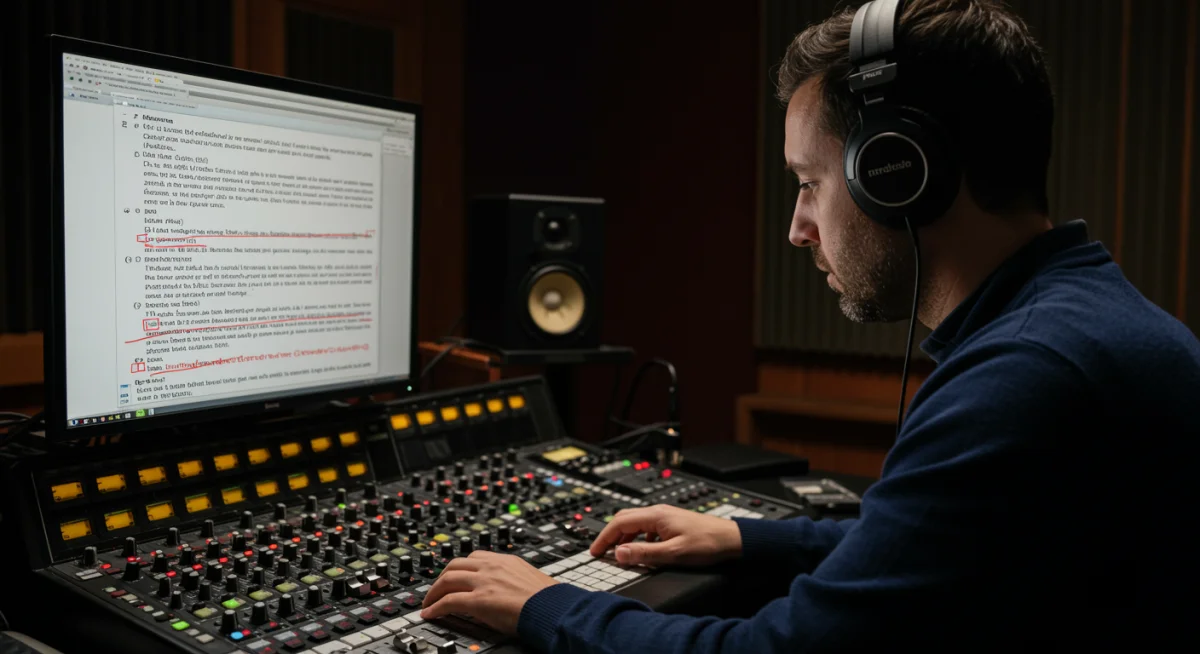 Ingeniero de sonido trabajando en el doblaje con lenguaje inclusivo en un estudio profesional.