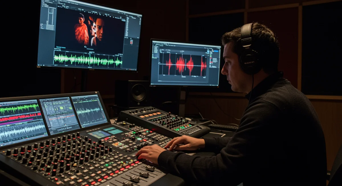 Ingeniero de sonido ajustando niveles de audio en consola de mezcla para película mexicana.