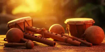 Instrumentos musicales prehispánicos iluminados, evocando la riqueza cultural de México.