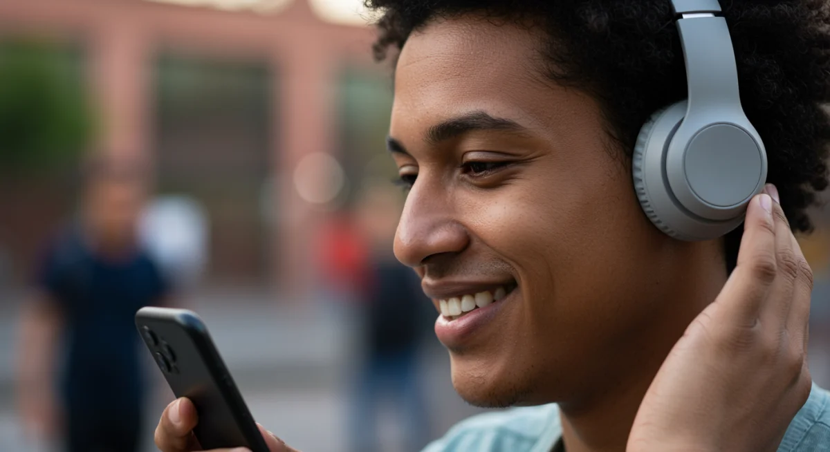 Joven escuchando audio corto en México con auriculares inalámbricos.