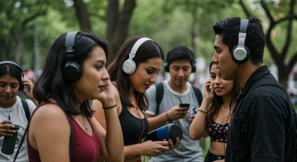 Grupo de jóvenes mexicanos escuchando música regional urbana en un entorno contemporáneo.