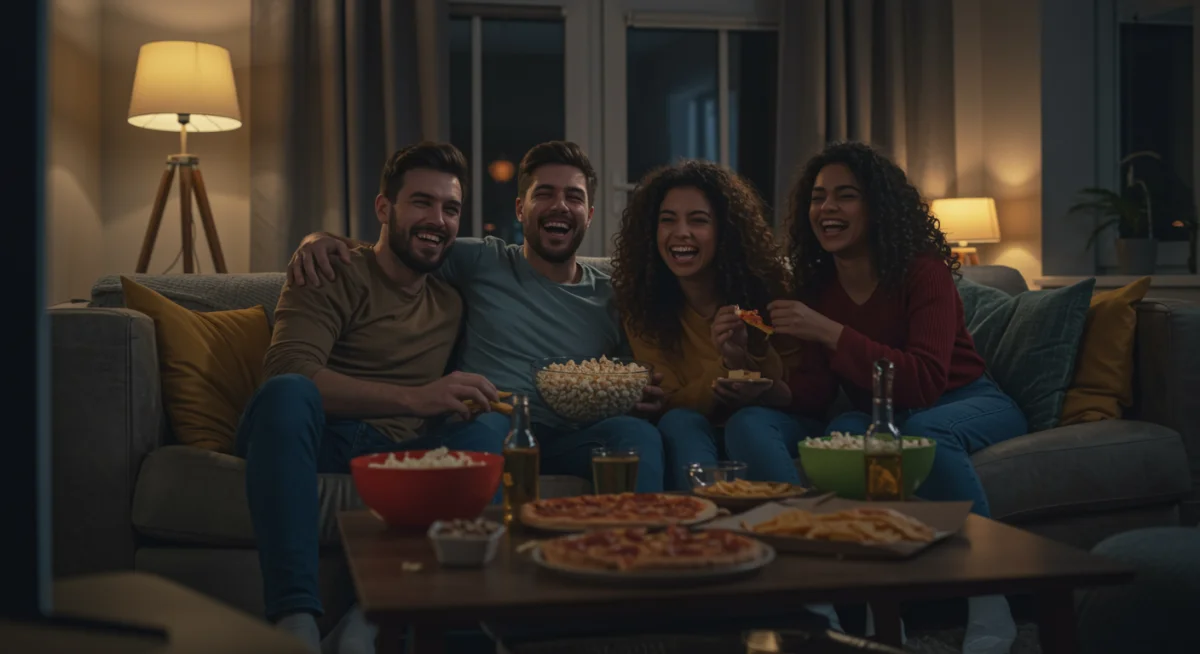 Grupo de amigos o familia disfrutando de un maratón de series en casa, con ambiente relajado y bocadillos.