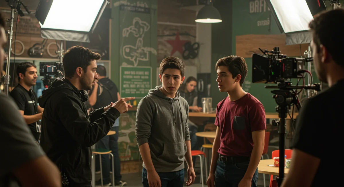 Detrás de cámaras de 'Máscaras Urbanas' con director y actores en set de café.