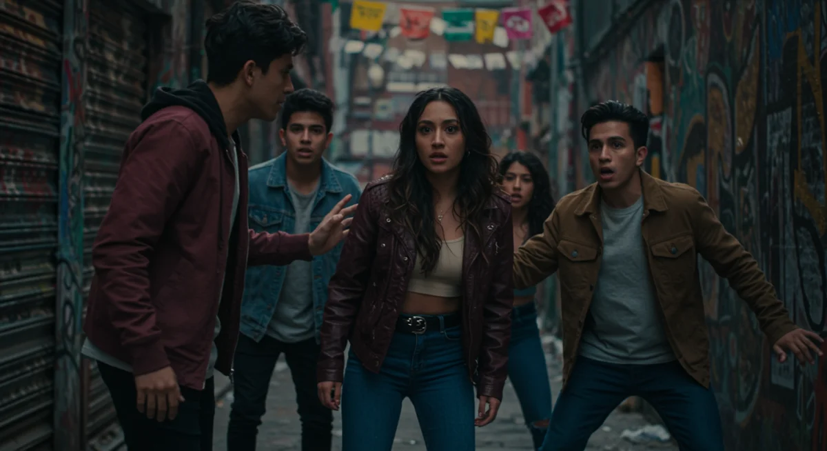 Escena tensa de 'Máscaras Urbanas' con jóvenes en un callejón grafitero de la Ciudad de México.