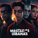 Póster promocional de 'Máscaras Urbanas' con jóvenes enmascarados en una ciudad vibrante.