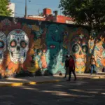 Mural de arte callejero vibrante en México, revitalizando un espacio público con colores y elementos culturales.