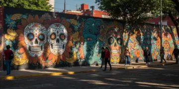 Mural de arte callejero vibrante en México, revitalizando un espacio público con colores y elementos culturales.