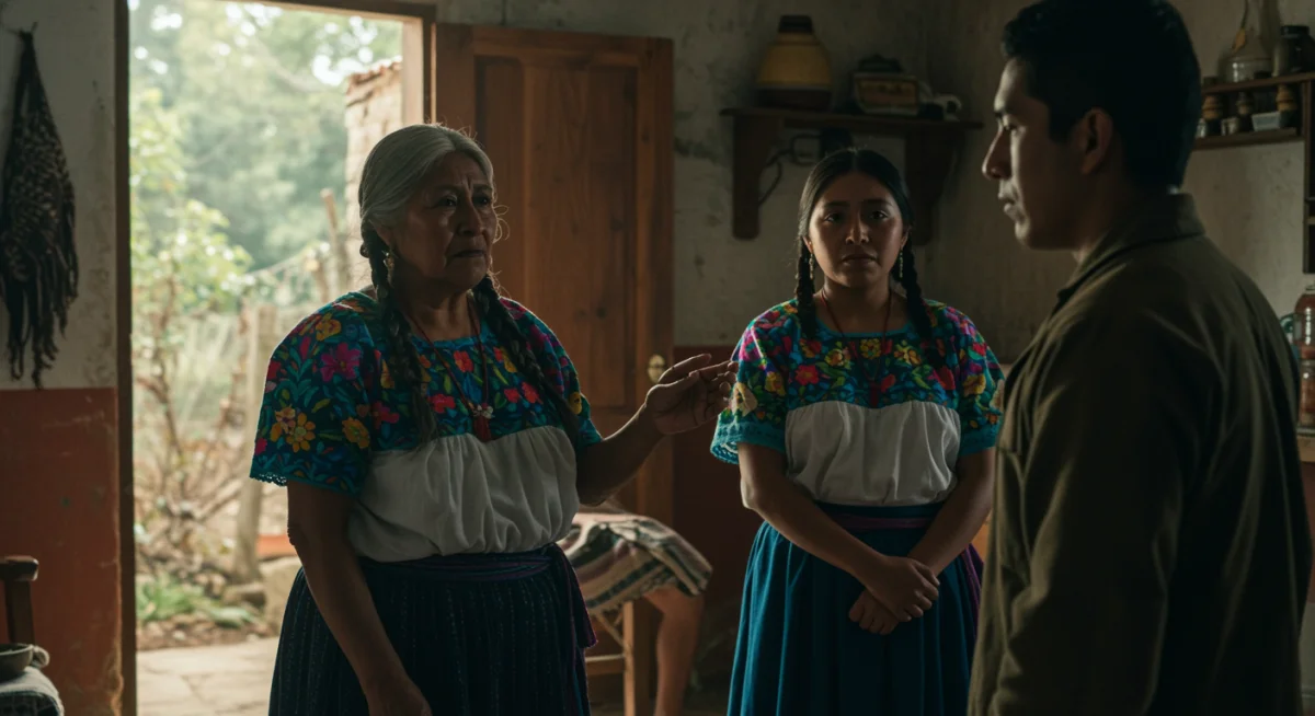Escena emotiva de una película independiente mexicana, mostrando una familia diversa y auténtica que rompe con los estereotipos tradicionales.
