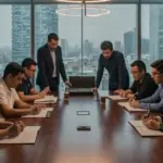 Profesionales negociando contratos de derechos musicales para producciones audiovisuales en México.