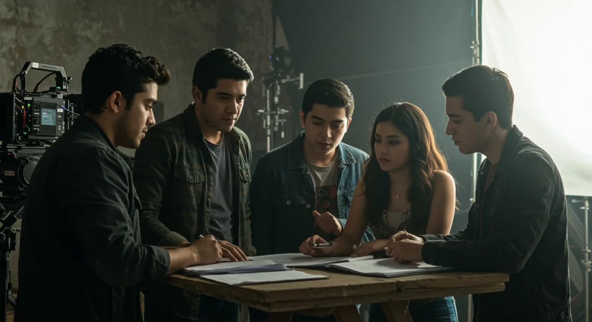 Jóvenes actores mexicanos en un set de filmación, representando la nueva generación de talento en series.