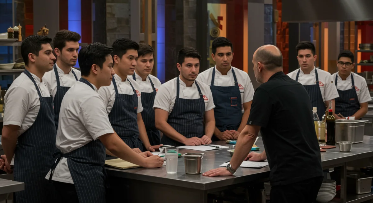 Participantes de 'La Cocina Secreta' recibiendo retroalimentación de un chef experto, en un ambiente de aprendizaje y competencia.