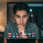 Persona preocupada revisando su tableta con logos de servicios de streaming, simbolizando los próximos cambios en las políticas de México.