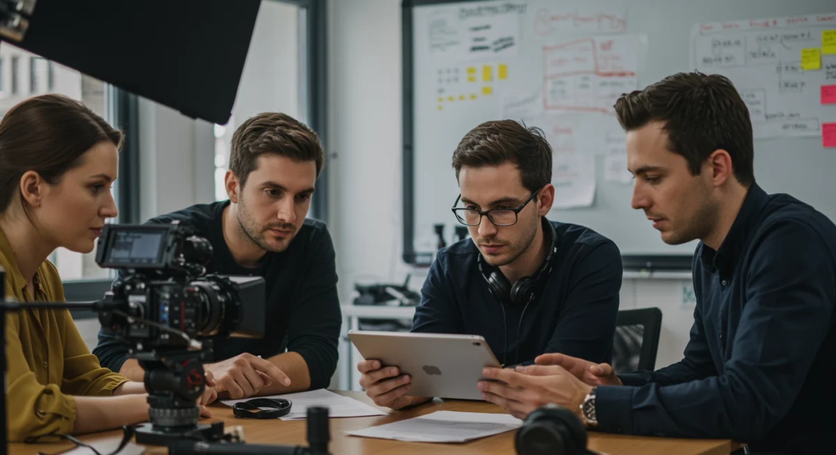 Equipo de producción de cine planificando estrategias de reducción de costos