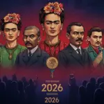 Póster de serie biográfica con figuras históricas mexicanas icónicas y público diverso en 2026.