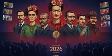Póster de serie biográfica con figuras históricas mexicanas icónicas y público diverso en 2026.