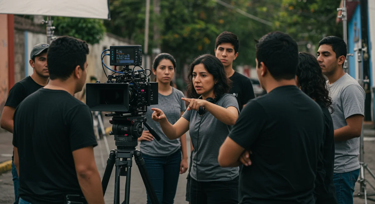 Directora mexicana independiente supervisando la filmación, rodeada de un equipo diverso y comprometido con la autenticidad.