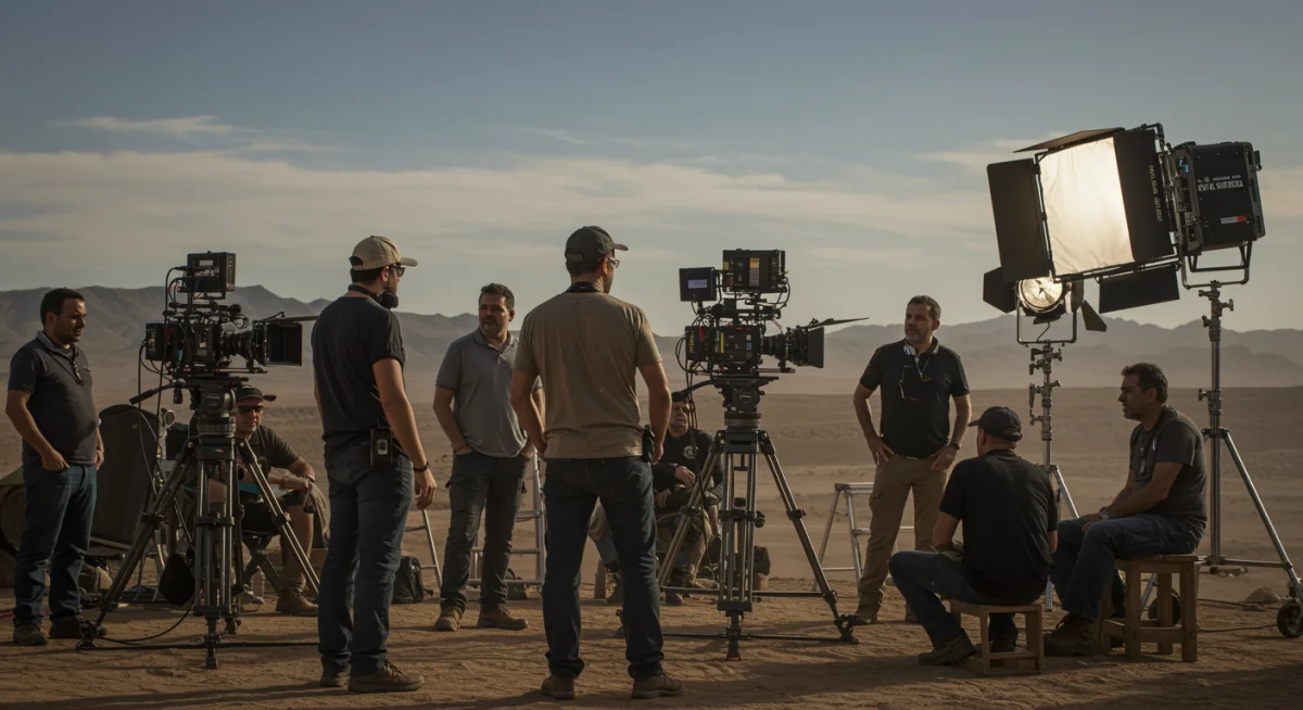 Equipo de producción de 'El Susurro del Desierto' trabajando en locación, con cámaras y equipo técnico, destacando la alta calidad de producción.