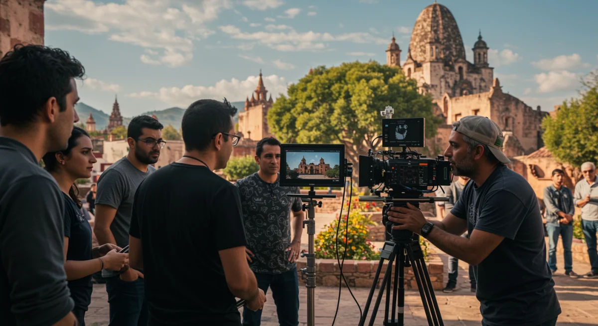 Equipo de producción mexicano filmando una escena con elementos culturales auténticos para una plataforma de streaming.
