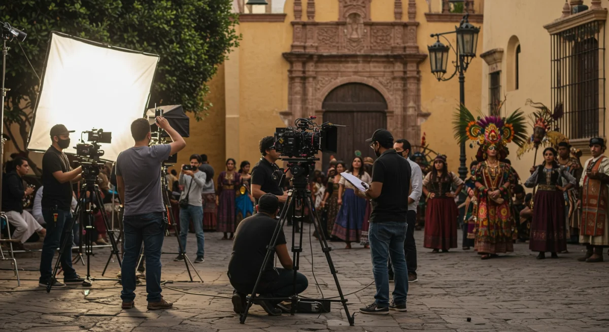 Equipo de producción y actores filmando una serie mexicana en 2026, en un escenario icónico de México, mostrando el proceso creativo.