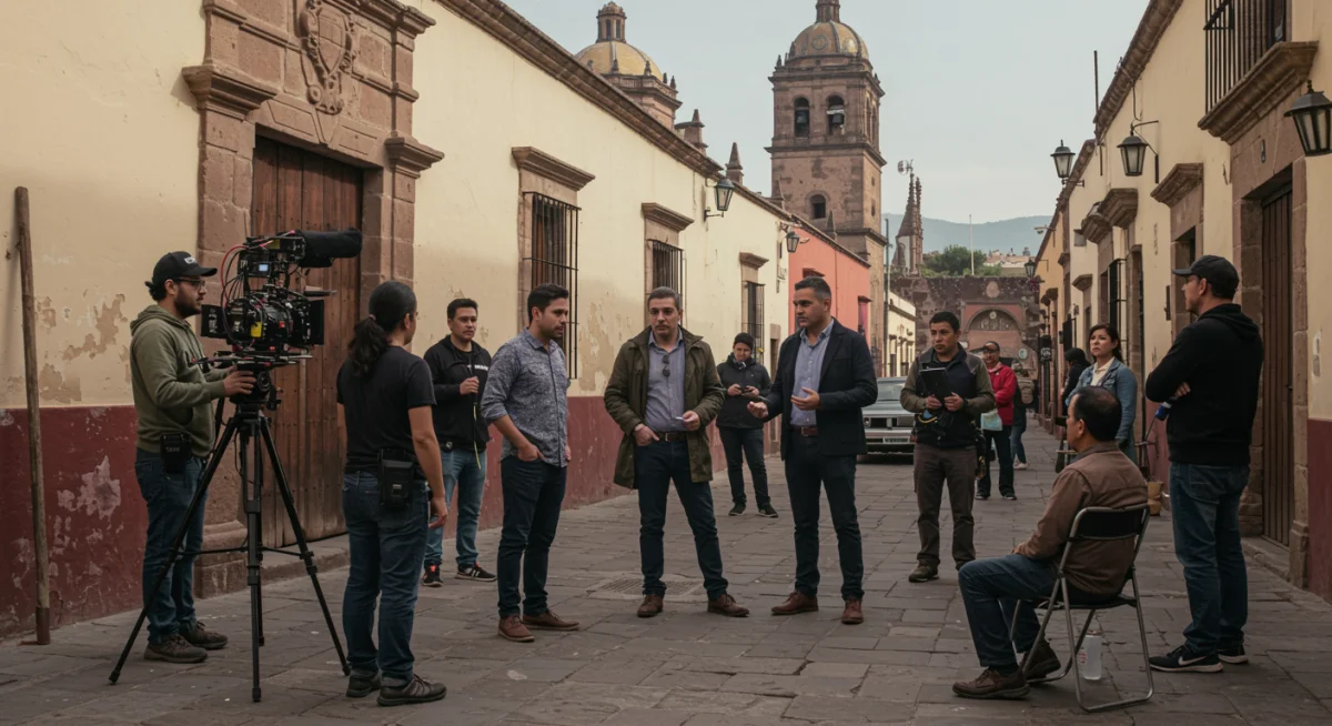 Equipo de producción grabando una serie dramática en locación, mezclando arquitectura colonial con modernidad.