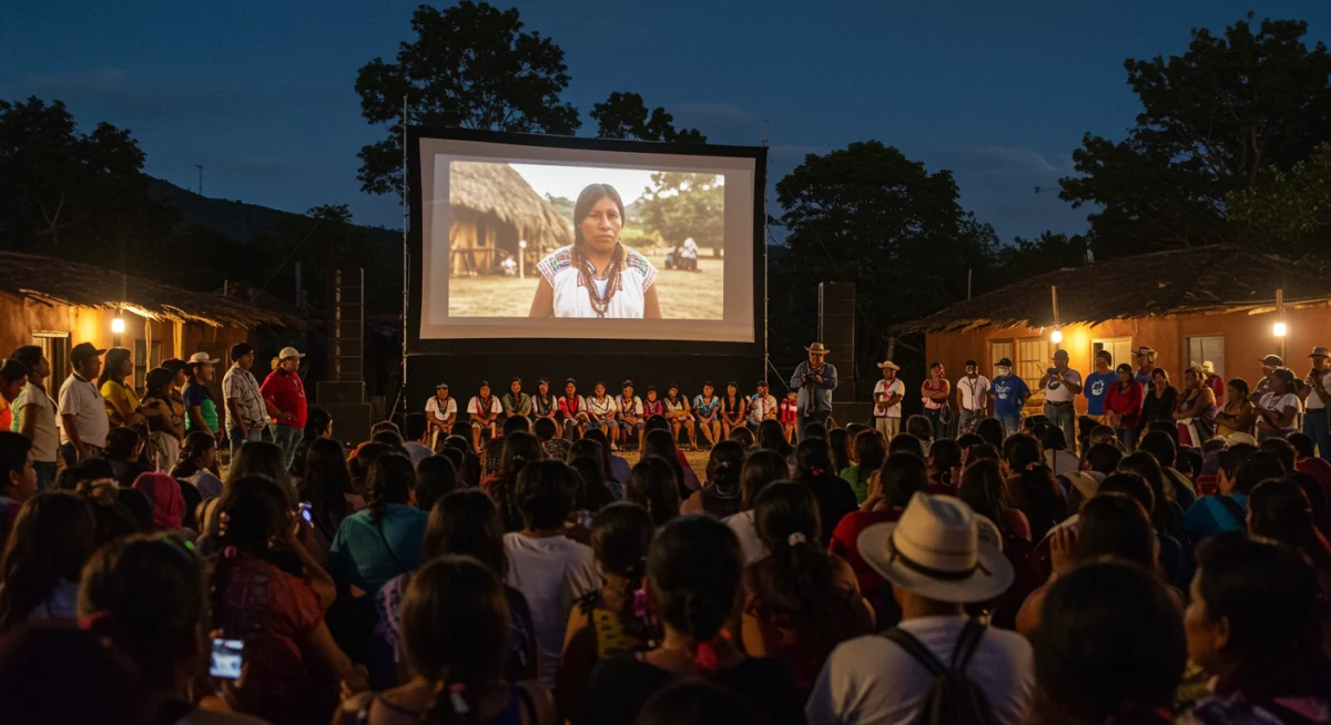 Comunidad indígena y público diverso disfrutando de una proyección de cine al aire libre, impactados por la representación auténtica.
