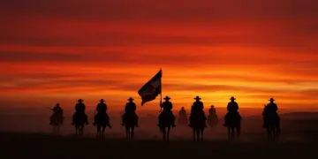 Revolucionarios a caballo bajo un cielo rojo, símbolo de la lucha y pasión de la Revolución Mexicana.