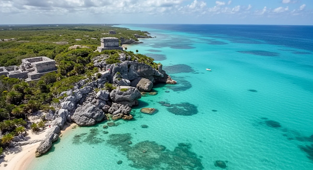 Vista aérea de ruinas mayas en la Península de Yucatán, con jungla y mar, ideal para producciones cinematográficas.