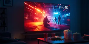 Sala de estar moderna con televisor 4K mostrando contenido de alta resolución, simbolizando el entretenimiento en streaming.