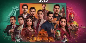 Íconos de series mexicanas y cultura en una pantalla de televisión vibrante, proyectando el impacto de 2026.