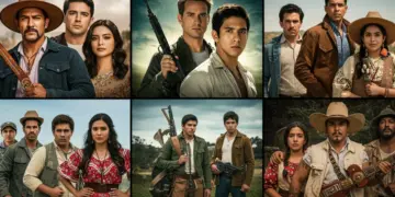 Collage dinámico de escenas y personajes icónicos de series mexicanas, destacando la diversidad cultural y el entretenimiento.