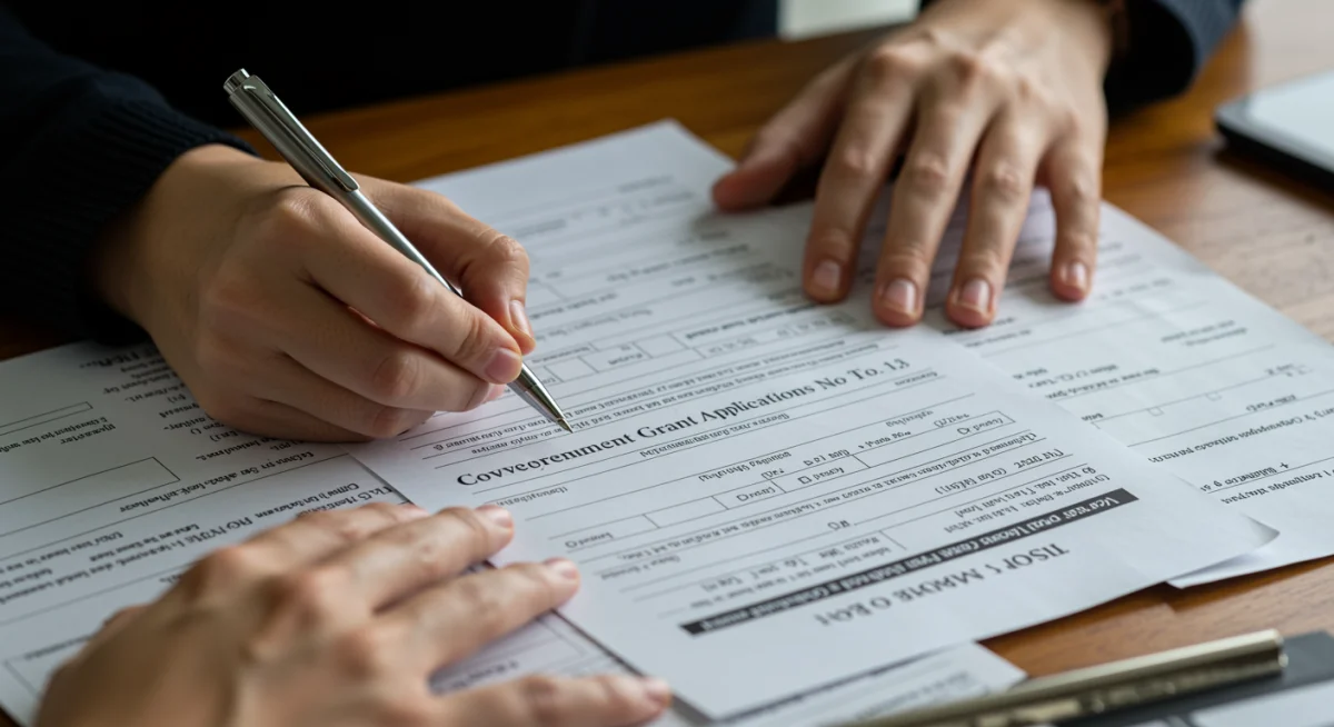 Manos llenando solicitud de financiamiento gubernamental para cine