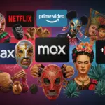 Logos de plataformas de streaming con elementos culturales mexicanos y el año 2026, representando la competencia por el contenido local.