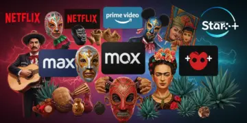 Logos de plataformas de streaming con elementos culturales mexicanos y el año 2026, representando la competencia por el contenido local.