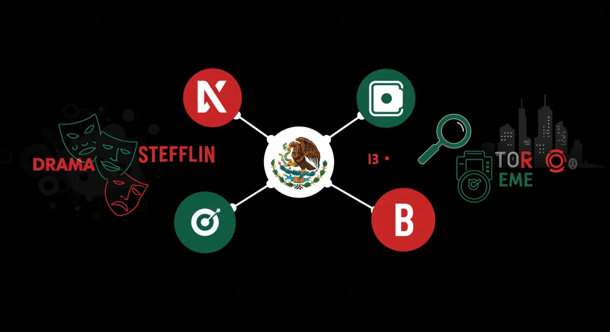 Gráfico estilizado de plataformas de streaming con elementos mexicanos, simbolizando el alcance global de series.