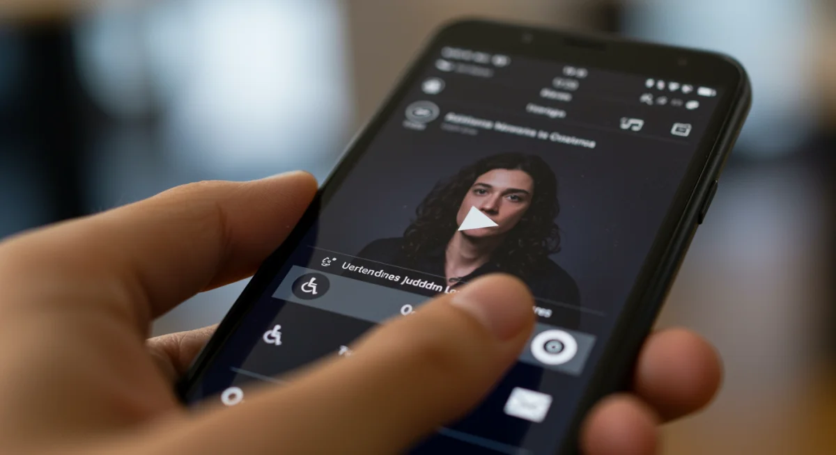 Pantalla de smartphone con video y subtítulos claros, mostrando opciones de accesibilidad.