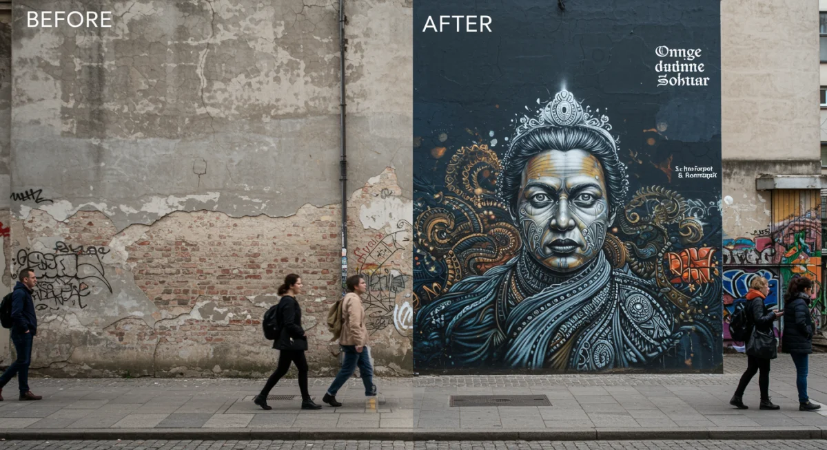 Comparativa de un muro antes y después de ser transformado por el arte callejero, demostrando su impacto estético.