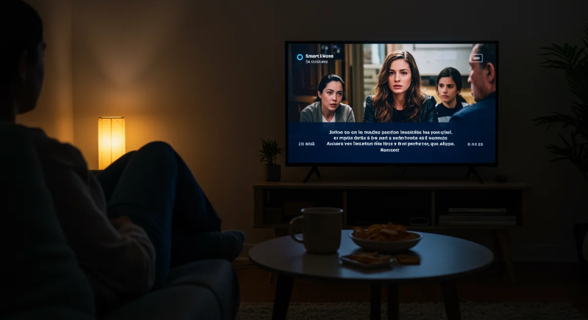 Persona viendo una serie internacional con subtítulos en casa