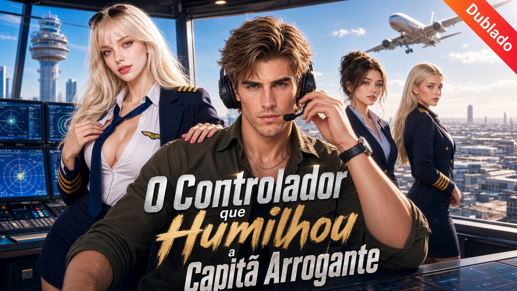 Capitã de avião diante de um controlador de voo