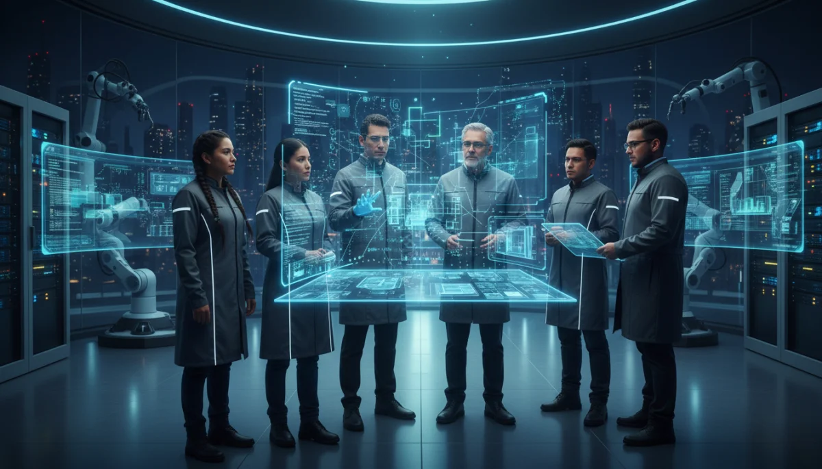 Científicos mexicanos en un laboratorio de alta tecnología colaborando en una proyección holográfica.