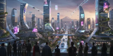 Paisaje urbano futurista de la Ciudad de México al anochecer, con vehículos voladores y luces de neón.