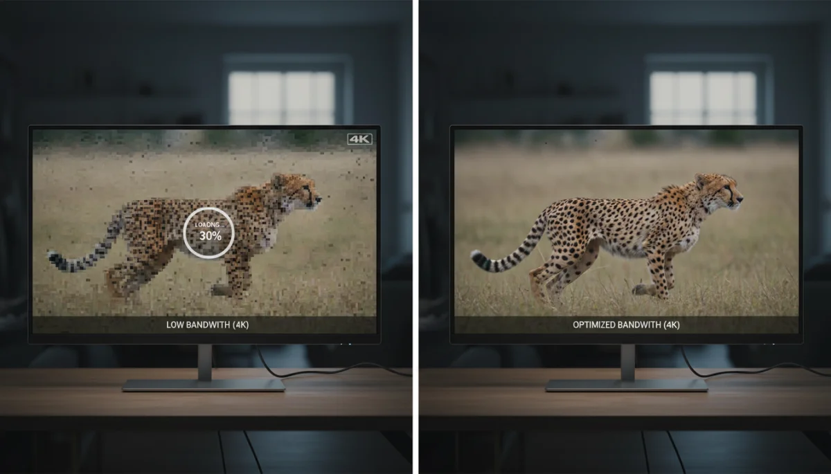 Comparación de streaming 4K: pixelado vs. fluido, mostrando la mejora con optimización.