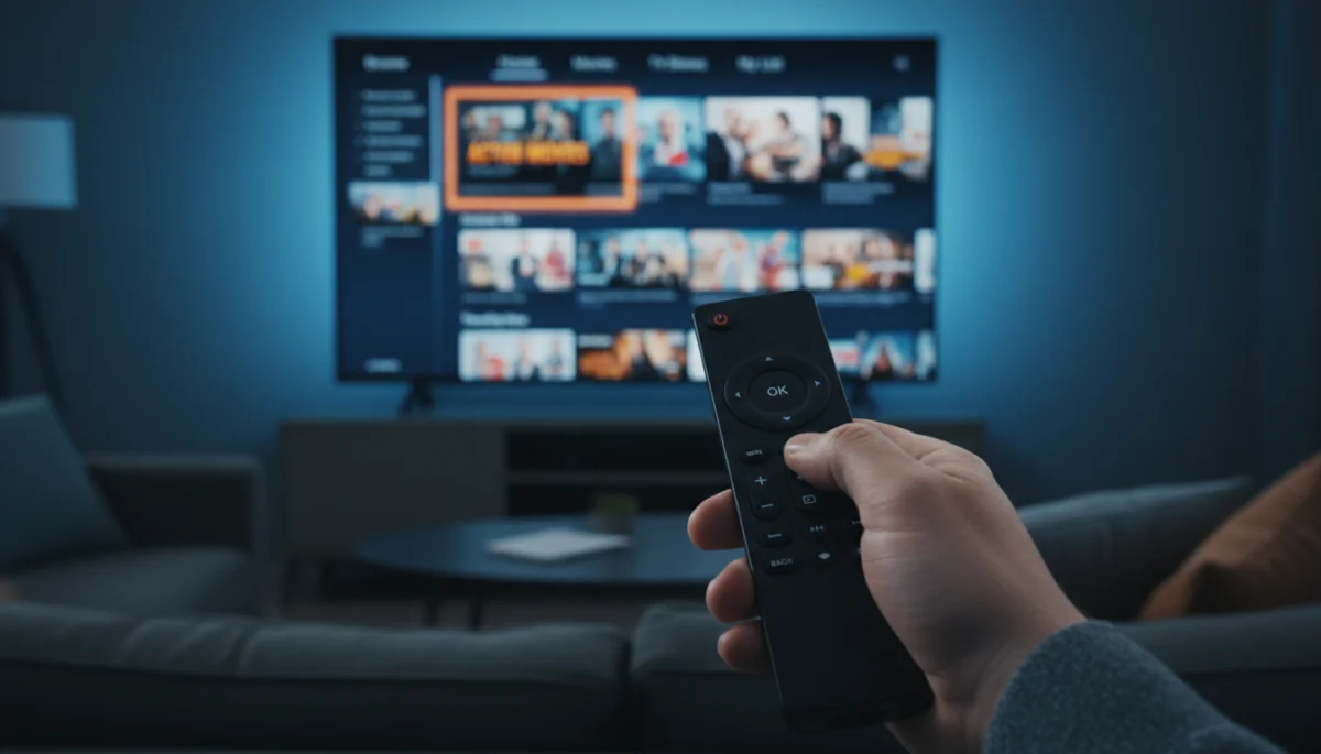 Mano sosteniendo control remoto navegando interfaz de Smart TV con aplicaciones de streaming.