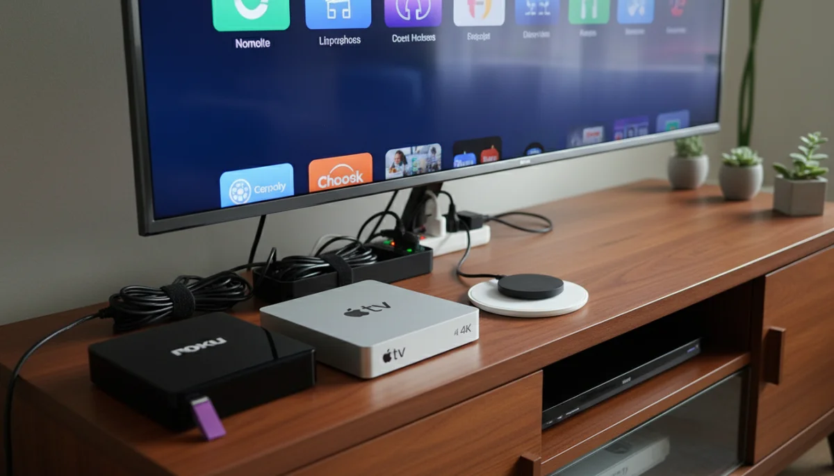 Dispositivos de streaming populares como Roku, Apple TV y Chromecast conectados a un televisor.