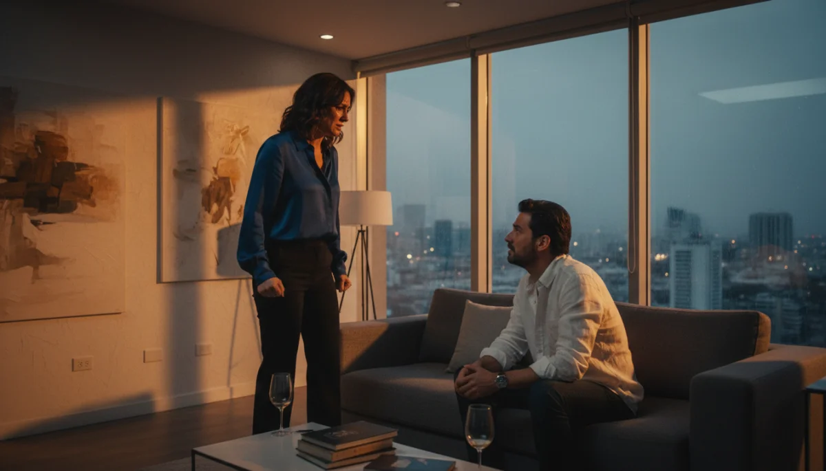 Escena de drama mexicano contemporáneo con dos personajes en una conversación emotiva e intensa en un apartamento moderno.
